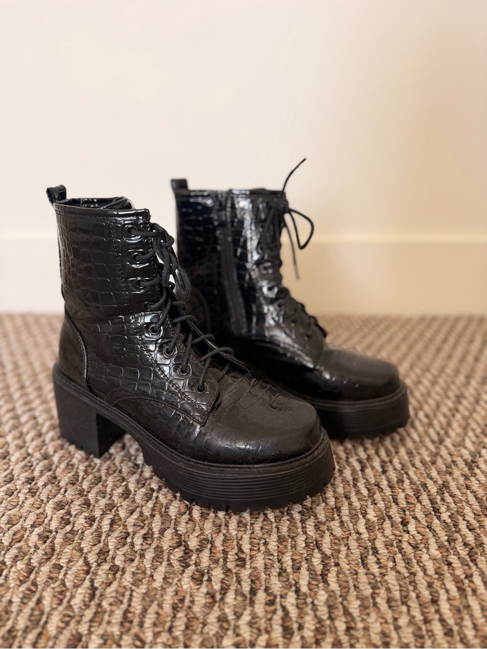 Dolls Kill Black Croc-Embossed Platform Lace-Up Boots